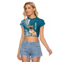 Personalised Polynesian Pacific Bulldog Raglan Cropped T Shirt With Teal Hawaii Tribal Tattoo Patterns - Wonder Print Shop