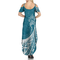 Personalised Polynesian Pacific Bulldog Summer Maxi Dress With Teal Hawaii Tribal Tattoo Patterns - Wonder Print Shop