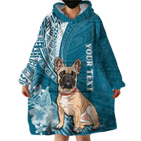 Personalised Polynesian Pacific Bulldog Wearable Blanket Hoodie With Teal Hawaii Tribal Tattoo Patterns - Wonder Print Shop