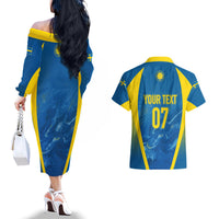 Personalised Sweden Football Couples Matching Off The Shoulder Long Sleeve Dress and Hawaiian Shirt Women World Cup 2023 Blagult Glacial Inspired LT7 - Wonder Print Shop