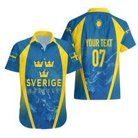 Blue Hawaiian football shirts with yellow trim; front shows SVERIGE, back shows 07