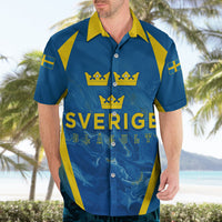 Blue Hawaiian football shirt with yellow trim; SVERIGE BLAGULT crest on chest