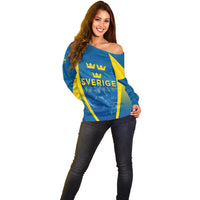 Personalised Sweden Football Off Shoulder Sweater Women World Cup 2023 Blagult Glacial Inspired - Wonder Print Shop