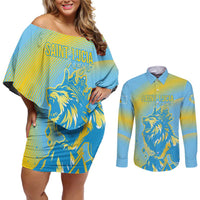 Saint Lucia Cricket Personalized Couples Matching Off Shoulder Short Dress and Long Sleeve Button Shirt The Roaring King - Wonder Print Shop