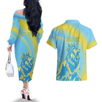 Saint Lucia Cricket Personalized Couples Matching Off The Shoulder Long Sleeve Dress and Hawaiian Shirt The Roaring King - Wonder Print Shop