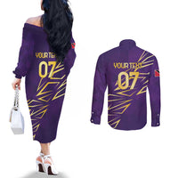 Trinbago Cricket Custom Couples Matching Off The Shoulder Long Sleeve Dress and Long Sleeve Button Shirt TKR Quadruple Champion - Wonder Print Shop