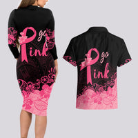 Polynesian Couples Matching Long Sleeve Bodycon Dress and Hawaiian Shirt Plumeria Breast Cancer Awareness Survivor Ribbon Pink LT7 - Wonder Print Shop