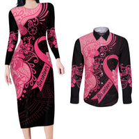 Polynesian Couples Matching Long Sleeve Bodycon Dress and Long Sleeve Button Shirts Plumeria Breast Cancer Awareness Survivor Ribbon Pink LT7 - Wonder Print Shop