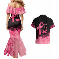 Polynesian Couples Matching Mermaid Dress and Hawaiian Shirt Plumeria Breast Cancer Awareness Survivor Ribbon Pink LT7 - Wonder Print Shop