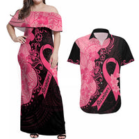 Polynesian Couples Matching Off Shoulder Maxi Dress and Hawaiian Shirt Plumeria Breast Cancer Awareness Survivor Ribbon Pink LT7 - Wonder Print Shop