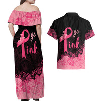 Polynesian Couples Matching Off Shoulder Maxi Dress and Hawaiian Shirt Plumeria Breast Cancer Awareness Survivor Ribbon Pink LT7 - Wonder Print Shop