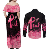 Polynesian Couples Matching Off Shoulder Maxi Dress and Long Sleeve Button Shirts Plumeria Breast Cancer Awareness Survivor Ribbon Pink LT7 - Wonder Print Shop