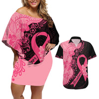 Polynesian Couples Matching Off Shoulder Short Dress and Hawaiian Shirt Plumeria Breast Cancer Awareness Survivor Ribbon Pink LT7 - Wonder Print Shop