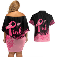 Polynesian Couples Matching Off Shoulder Short Dress and Hawaiian Shirt Plumeria Breast Cancer Awareness Survivor Ribbon Pink LT7 - Wonder Print Shop