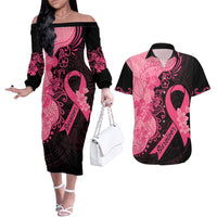 Polynesian Couples Matching Off The Shoulder Long Sleeve Dress and Hawaiian Shirt Plumeria Breast Cancer Awareness Survivor Ribbon Pink LT7 - Wonder Print Shop