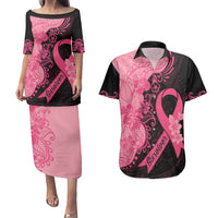 Polynesian Couples Matching Puletasi Dress and Hawaiian Shirt Plumeria Breast Cancer Awareness Survivor Ribbon Pink LT7 - Wonder Print Shop