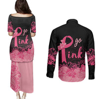 Polynesian Couples Matching Puletasi Dress and Long Sleeve Button Shirts Plumeria Breast Cancer Awareness Survivor Ribbon Pink LT7 - Wonder Print Shop