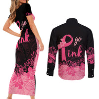 Polynesian Couples Matching Short Sleeve Bodycon Dress and Long Sleeve Button Shirts Plumeria Breast Cancer Awareness Survivor Ribbon Pink LT7 - Wonder Print Shop
