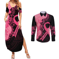 Polynesian Couples Matching Summer Maxi Dress and Long Sleeve Button Shirts Plumeria Breast Cancer Awareness Survivor Ribbon Pink LT7 - Wonder Print Shop