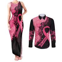 Polynesian Couples Matching Tank Maxi Dress and Long Sleeve Button Shirts Plumeria Breast Cancer Awareness Survivor Ribbon Pink LT7 - Wonder Print Shop
