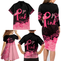 Polynesian Family Matching Long Sleeve Bodycon Dress and Hawaiian Shirt Plumeria Breast Cancer Awareness Survivor Ribbon Pink LT7 - Wonder Print Shop