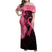 Polynesian Family Matching Off Shoulder Maxi Dress and Hawaiian Shirt Plumeria Breast Cancer Awareness Survivor Ribbon Pink LT7 - Wonder Print Shop