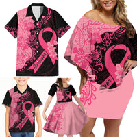 Polynesian Family Matching Off Shoulder Short Dress and Hawaiian Shirt Plumeria Breast Cancer Awareness Survivor Ribbon Pink LT7 - Wonder Print Shop