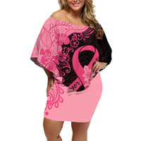 Polynesian Family Matching Off Shoulder Short Dress and Hawaiian Shirt Plumeria Breast Cancer Awareness Survivor Ribbon Pink LT7 - Wonder Print Shop