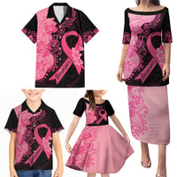 Polynesian Family Matching Puletasi Dress and Hawaiian Shirt Plumeria Breast Cancer Awareness Survivor Ribbon Pink - Wonder Print Shop