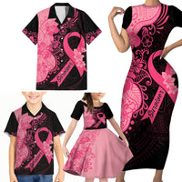 Polynesian Family Matching Short Sleeve Bodycon Dress and Hawaiian Shirt Plumeria Breast Cancer Awareness Survivor Ribbon Pink - Wonder Print Shop