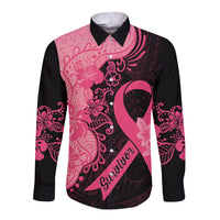Polynesian Long Sleeve Button Shirt Plumeria Breast Cancer Awareness Survivor Ribbon Pink - Wonder Print Shop