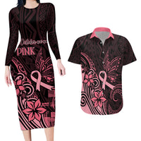 Polynesian Couples Matching Long Sleeve Bodycon Dress and Hawaiian Shirt Breast Cancer RIbbon Butterfly Mix Plumeria Curves Pink LT7 - Wonder Print Shop