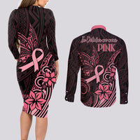 Polynesian Couples Matching Long Sleeve Bodycon Dress and Long Sleeve Button Shirts Breast Cancer RIbbon Butterfly Mix Plumeria Curves Pink LT7 - Wonder Print Shop