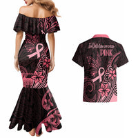 Polynesian Couples Matching Mermaid Dress and Hawaiian Shirt Breast Cancer RIbbon Butterfly Mix Plumeria Curves Pink LT7 - Wonder Print Shop