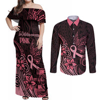Polynesian Couples Matching Off Shoulder Maxi Dress and Long Sleeve Button Shirts Breast Cancer RIbbon Butterfly Mix Plumeria Curves Pink LT7 - Wonder Print Shop
