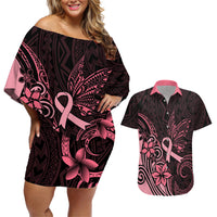 Polynesian Couples Matching Off Shoulder Short Dress and Hawaiian Shirt Breast Cancer RIbbon Butterfly Mix Plumeria Curves Pink LT7 - Wonder Print Shop