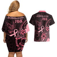 Polynesian Couples Matching Off Shoulder Short Dress and Hawaiian Shirt Breast Cancer RIbbon Butterfly Mix Plumeria Curves Pink LT7 - Wonder Print Shop