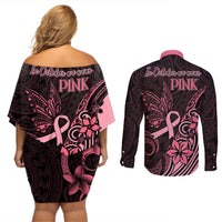 Polynesian Couples Matching Off Shoulder Short Dress and Long Sleeve Button Shirts Breast Cancer RIbbon Butterfly Mix Plumeria Curves Pink LT7 - Wonder Print Shop