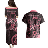 Polynesian Couples Matching Puletasi Dress and Hawaiian Shirt Breast Cancer RIbbon Butterfly Mix Plumeria Curves Pink LT7 - Wonder Print Shop