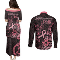 Polynesian Couples Matching Puletasi Dress and Long Sleeve Button Shirts Breast Cancer RIbbon Butterfly Mix Plumeria Curves Pink LT7 - Wonder Print Shop