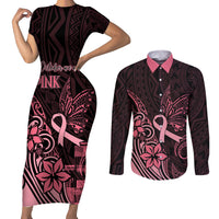 Polynesian Couples Matching Short Sleeve Bodycon Dress and Long Sleeve Button Shirts Breast Cancer RIbbon Butterfly Mix Plumeria Curves Pink LT7 - Wonder Print Shop