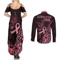Polynesian Couples Matching Summer Maxi Dress and Long Sleeve Button Shirts Breast Cancer RIbbon Butterfly Mix Plumeria Curves Pink LT7 - Wonder Print Shop