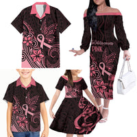 Polynesian Family Matching Off Shoulder Long Sleeve Dress and Hawaiian Shirt Breast Cancer RIbbon Butterfly Mix Plumeria Curves Pink - Wonder Print Shop