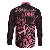 Polynesian Family Matching Off Shoulder Long Sleeve Dress and Hawaiian Shirt Breast Cancer RIbbon Butterfly Mix Plumeria Curves Pink - Wonder Print Shop