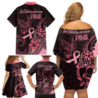 Polynesian Family Matching Off Shoulder Short Dress and Hawaiian Shirt Breast Cancer RIbbon Butterfly Mix Plumeria Curves Pink LT7 - Wonder Print Shop