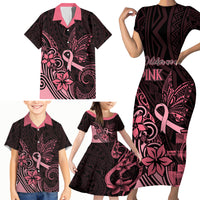 Polynesian Family Matching Short Sleeve Bodycon Dress and Hawaiian Shirt Breast Cancer RIbbon Butterfly Mix Plumeria Curves Pink - Wonder Print Shop