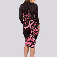 Polynesian Long Sleeve Bodycon Dress Breast Cancer RIbbon Butterfly Mix Plumeria Curves Pink - Wonder Print Shop