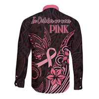 Polynesian Long Sleeve Button Shirt Breast Cancer RIbbon Butterfly Mix Plumeria Curves Pink - Wonder Print Shop