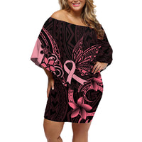 Polynesian Off Shoulder Short Dress Breast Cancer RIbbon Butterfly Mix Plumeria Curves Pink - Wonder Print Shop