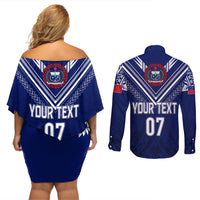 Personalised Samoa Rugby Couples Matching Off Shoulder Short Dress and Long Sleeve Button Shirts World Cup 2023 Siamupini Siva Tau LT7 - Wonder Print Shop